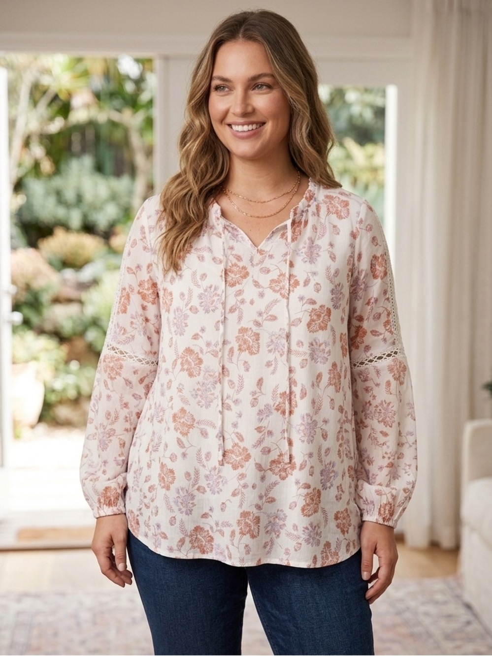 Peasant Blouse in Cream with Orange & Lavender Florals